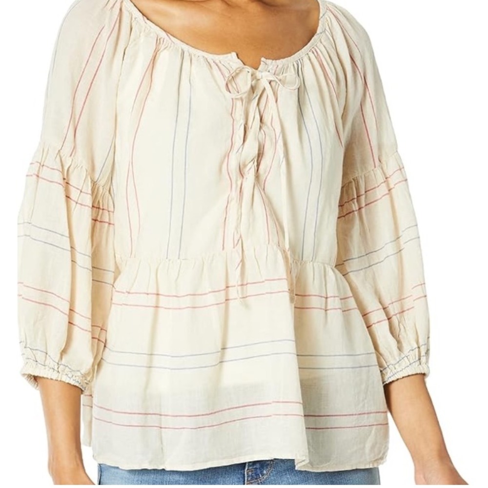 Velvet by Graham & Spencer Lace Front Cotton Striped Blouse 3/4 Sleeves‎ M